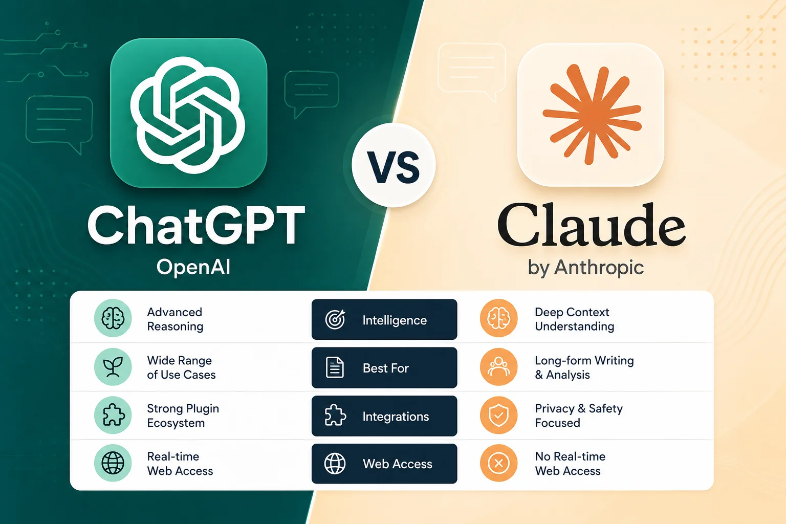 ChatGPT vs Claude comparison graphic showing both AI assistant logos side by side